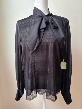 Ryegrass Black Sheer Lace Blouse Bow Neck Victorian Romantic Top NWT Large